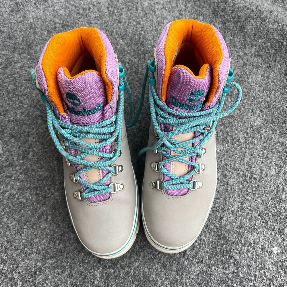 TIMBERLAND GRAY BLUE PINK WATERPROOF NUBUCK LEATHER WOMEN BOOTS SIZE 8.5 M